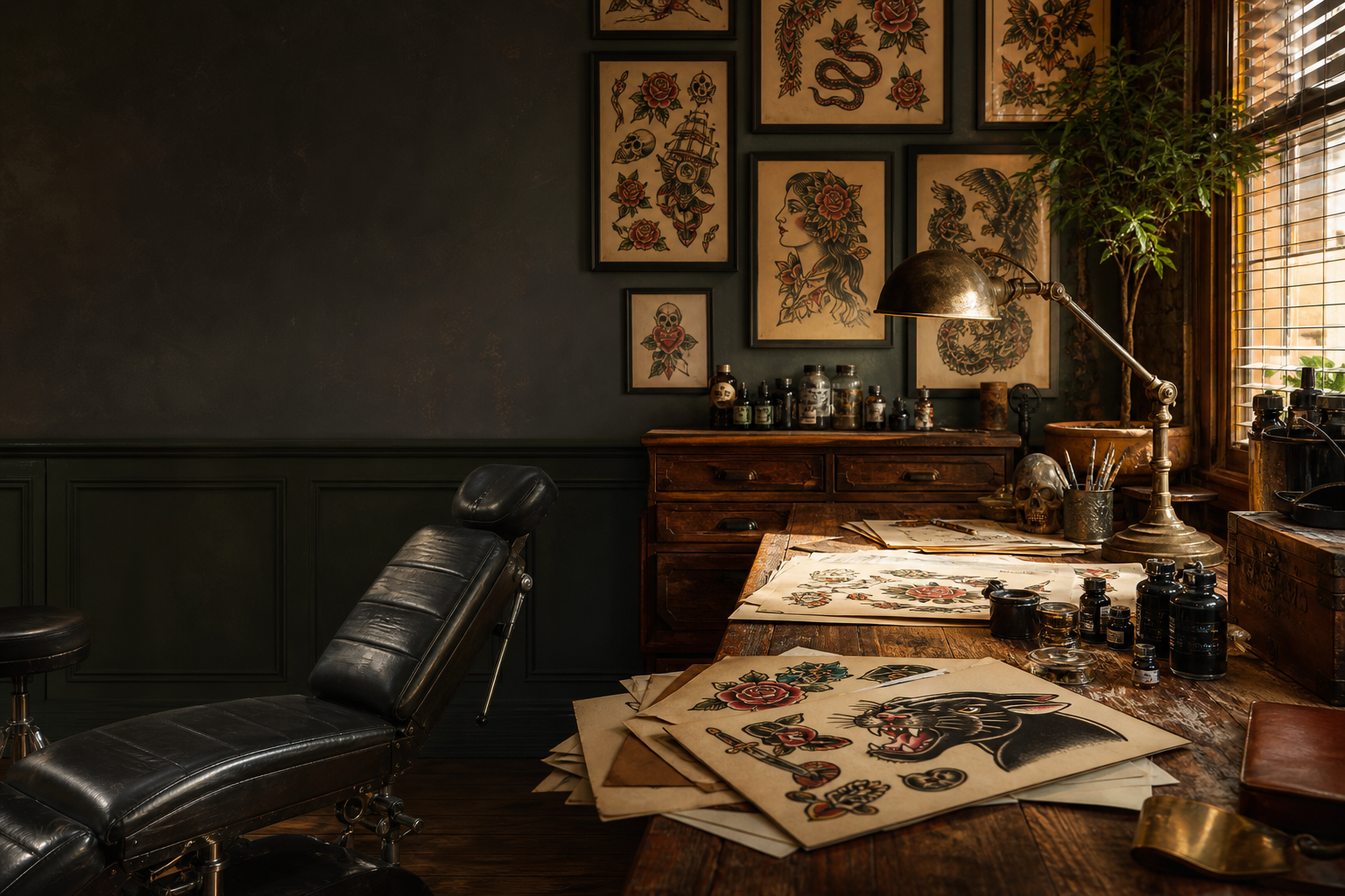 Estudio de tatuaje clasico con laminas flash e instrumentos de trabajo